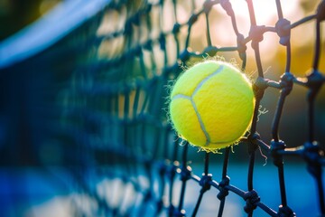 Energetic collision as a greenish-yellow tennis ball hits the net in a thrilling sports moment.