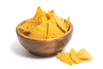 Crispy corn tortilla nachos chips in a wooden bowl isolated on white background clipping path