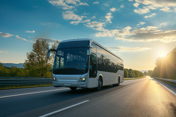 Grey Intercity bus on highway against the backdrop of a sunset - obrazy, fototapety, plakaty