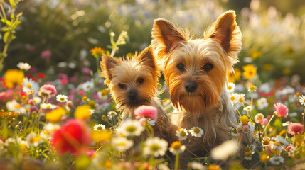 Cinematic photograph of yorkshire dog and baby in a field full of colorful blooming flowers. Mother's Day.