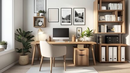Modern and minimalist home office filling with sunlight. Wooden desk with computer monitor, stationery holders, plants and decorative items.
