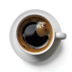 Black cup of coffee isolated on white background with shadow. Black coffee in a cup bird's eye view. Coffee arabica top view - obrazy, fototapety, plakaty