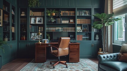 Elegantly appointed home office with wooden desk and leather chair. Dark green room with full wall of shelves, plants, vintage carpet and leather sofa.