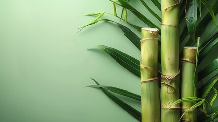 Verdant bamboo twigs with a verdant against greenly backdrop and blank space for text or product, Generative AI.