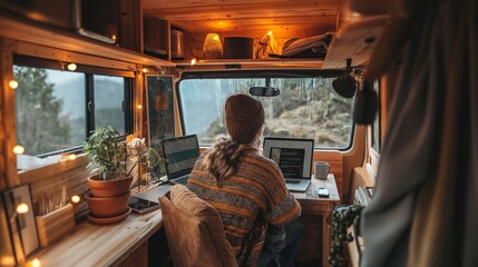 Back view of woman in sweater and hat, sitting at wooden desk and working on laptop in cozy, wood-paneled van home office with nature, forest view from window