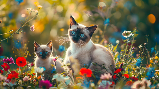 Cinematic photograph of siamese cat and baby in a field full of colorful blooming flowers. Mother's Day.