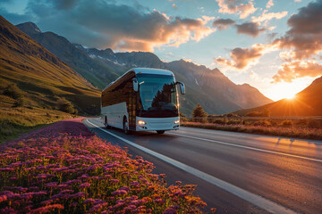 Intercity bus on mountainous highway with picturesque sunset and blooming flowers, ideal for scenic travel and adventure tours.