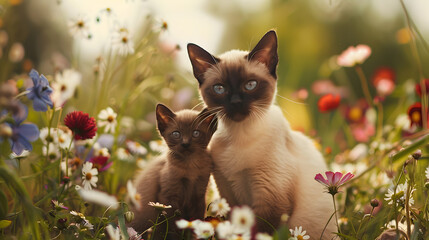 Cinematic photograph of siamese cat and baby in a field full of colorful blooming flowers. Mother's Day. - obrazy, fototapety, plakaty