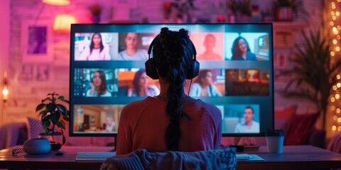 Obraz premium Back view of woman participating in virtual conference via video call, with multiple participants on the large monitor. Room is dimly lit, with neon lighting
