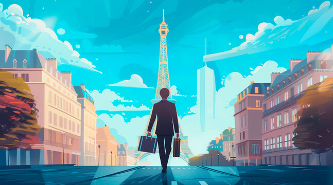 illustration of a business man in france in the background is the eiffel tower