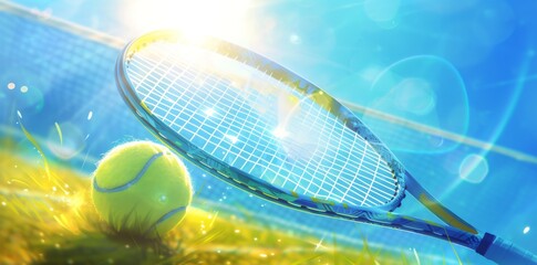 Celebrate the elegance of tennis with a straightforward image of a racket and ball on a tennis court, capturing the sport's timeless allure.