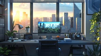 Modern home office with city skyline view, computer monitor, desk lamp, and houseplants