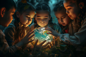 children of different races hold a glowing globe in their hands. magical atmosphere
