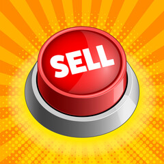 Sell red button isolated on yellow background vector illustration. Concept illustration. Hand drawn color vector illustration.
