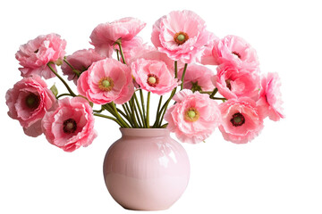 A Pink vase filled with delicate pink flowers. The flowers are in full bloom, adding a pop of color to the minimalistic scene.