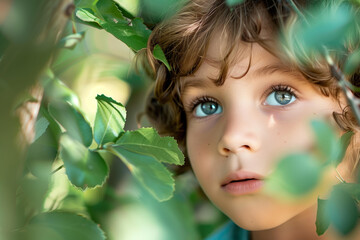
portrait of a handsome green-eyed boy in green foliage - obrazy, fototapety, plakaty