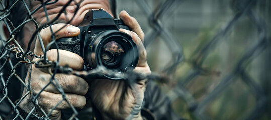 photographer or paparazzi with photo camera behind barbed wire.world press freedom day - obrazy, fototapety, plakaty