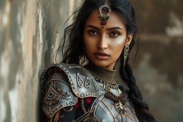 Dark-haired woman with metal armor and jewelry. Fictional Character Created By Generated By Generated AI.