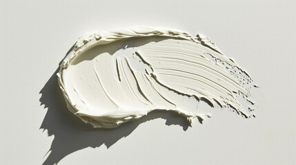 Aesthetic rough smear of face cream or white paint with detailed texture. Light background with sun rays. Generative AI