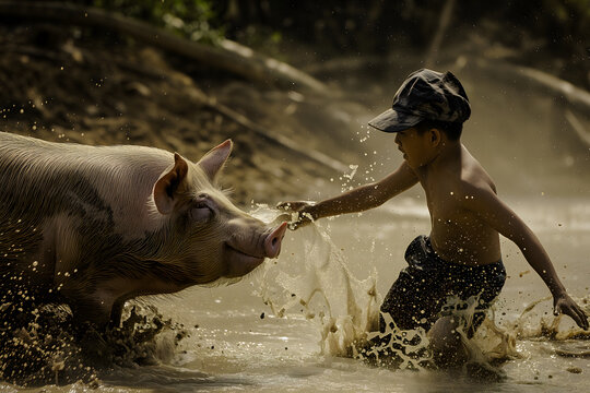 Boy with a pig in a dirt. Never wrestle with a pig because you will both get dirty and the pig likes it. Neural network generated image. Not based on any actual scene or pattern.