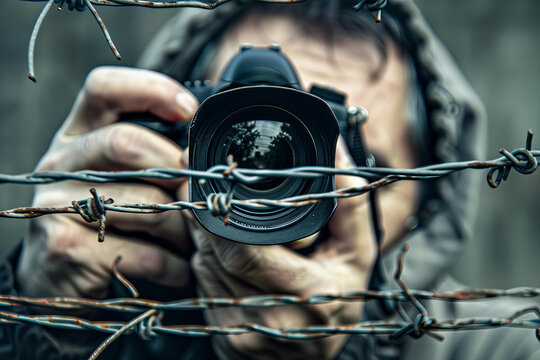 photographer or paparazzi with photo camera behind barbed wire.world press freedom day