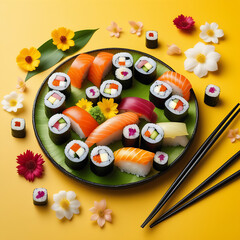 Sushi and rolls on a yellow background in flowers