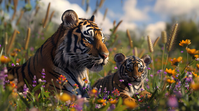 Cinematic photograph of tiger and baby in a field full of colorful blooming flowers. Mother's Day.
