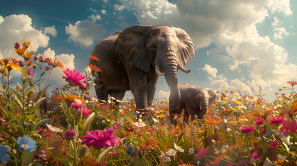 Cinematic photograph of elephant and baby in a field full of colorful blooming flowers. Mother's Day.