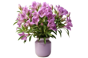 Purple Vase Overflowing With Purple Flowers. A purple vase is filled to the brim with an abundance...