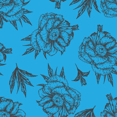 Vector seamless pattern with floral graphic elements on a blue background. A botanical summer pattern with hand-painted peonies, delicate in gray and pink colors for design, scrapbooking and fabrics