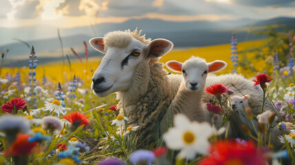 Cinematic photograph of sheep and baby in a field full of colorful blooming flowers. Mother's Day.