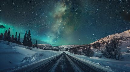 Aurora borealis, Northern lights over road in winter, Northern lights over the road in the mountains. Winter landscape with milky way