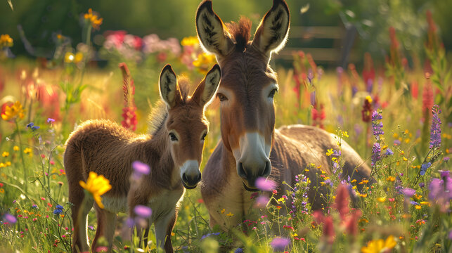 Cinematic photograph of donkey and baby in a field full of colorful blooming flowers. Mother's Day.