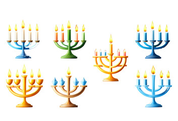 Set of Hanukkah Menorah on isolated on transparent png background. Generative ai	
