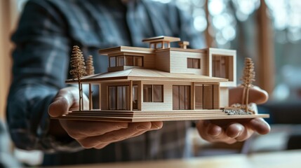 realize your interior dream with man's hand holding detailed model house, closeup view of interior concept
