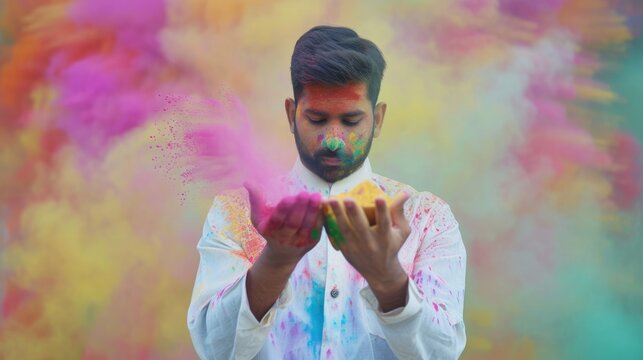 A Man Playing with Colorful Paint - Throwing it in the air and catching it.. Fictional Character Created By Generated By Generated AI.