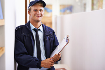 Portrait, smile and delivery with courier man at office for distribution, shipping or service. Ecommerce, logistics or retail and happy young postal worker with clipboard for manifest or order