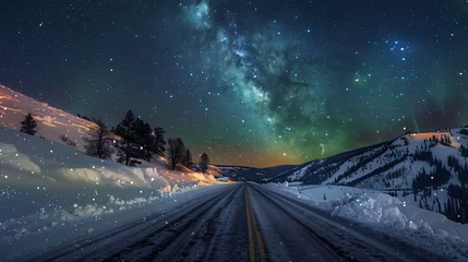 Fototapeten Aurora borealis, Northern lights over road in winter, Northern lights over the road in the mountains. Winter landscape with milky way © Phichet1991