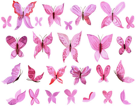 Watercolor hand painted pink butterflies. PNG transparent design elements