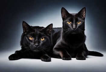 Deux chats noirs aux yeux jaunes assis en mode studio -generative AI - 748687731