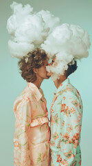 Fototapeta premium Young couple kisses with white cloud on their head and face on light sky background. Fashion blog concept. Generative AI