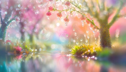 Gentle spring scene with dewdrops on blossoms, reflecting a kaleidoscope of colors
