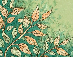 Branch with green and yellow leaves with detailed veins, made in artistic style. Autumn background