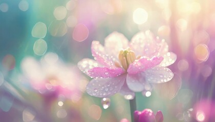 A delicate pink flower glistens with dew against a dreamy bokeh background