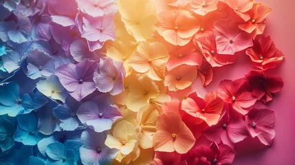 Tuinposter Floral Spectrum - Vibrant Hydrangea Blossoms. Close-up of hydrangea flowers with a gradient of vibrant colors, symbolising natural beauty and diversity. © AI Visual Vault