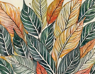 Bright collection of different autumn leaves with detailed veins, made in artistic style. Autumn background