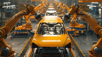 advanced technology at car factory, automated robot arm assembly line manufacturing high-tech electric vehicles
