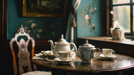 a table with a tea set and a painting on it