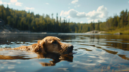 Golden retriever dog swimming in the lake.