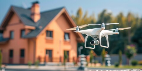 Closeup of drone flying with camera with blur house background, drone house